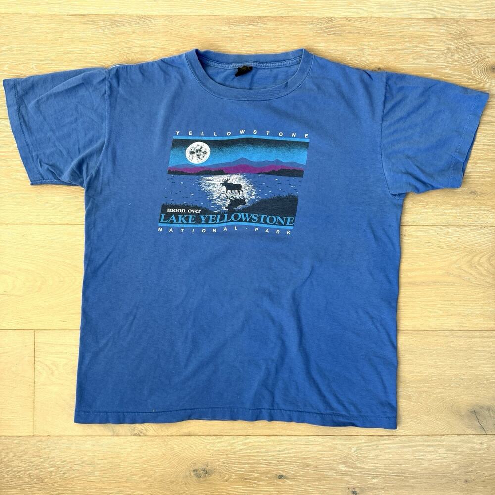 Vintage 80s Moon Over Lake Yellowstone National Park T-Shirt Blue Moose Top XL